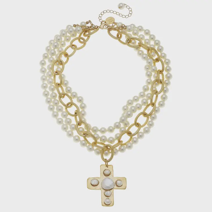 Multi Strand Cross Pearl Necklace