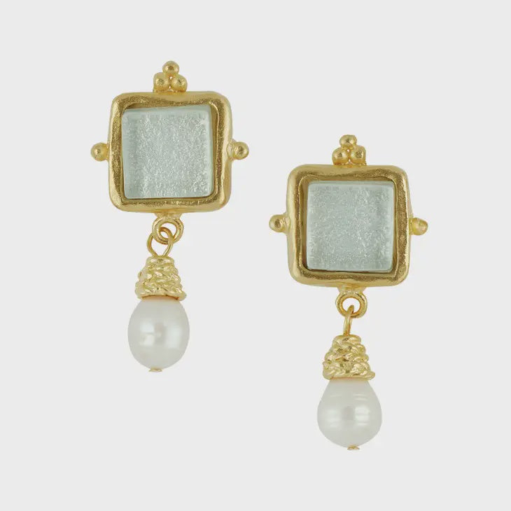 Gold/White Glass + Pearl Earrings