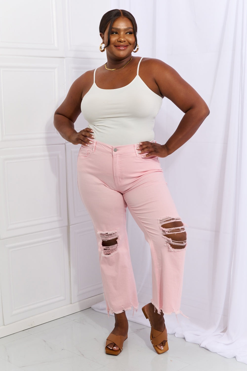 Risen Pink Miley Distressed Ankle Flare Jeans