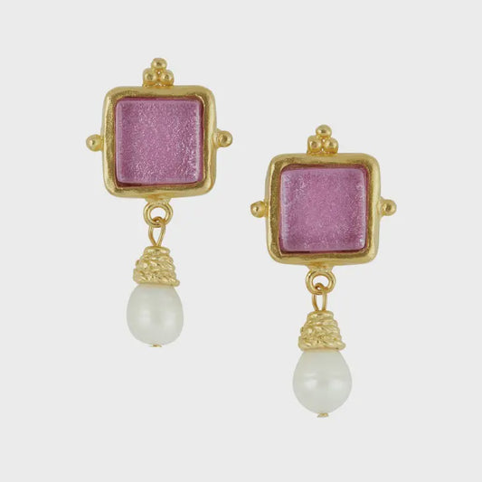 Gold/Pink Glass + Pearl Earrings