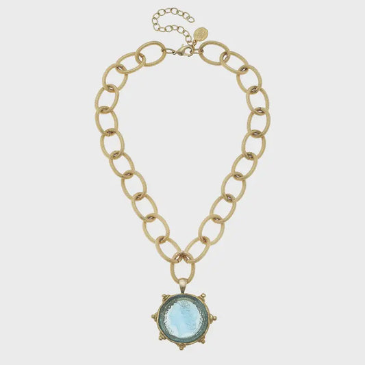 Aqua Venetian Glass Coin Intaglio On Gold Chain Necklace
