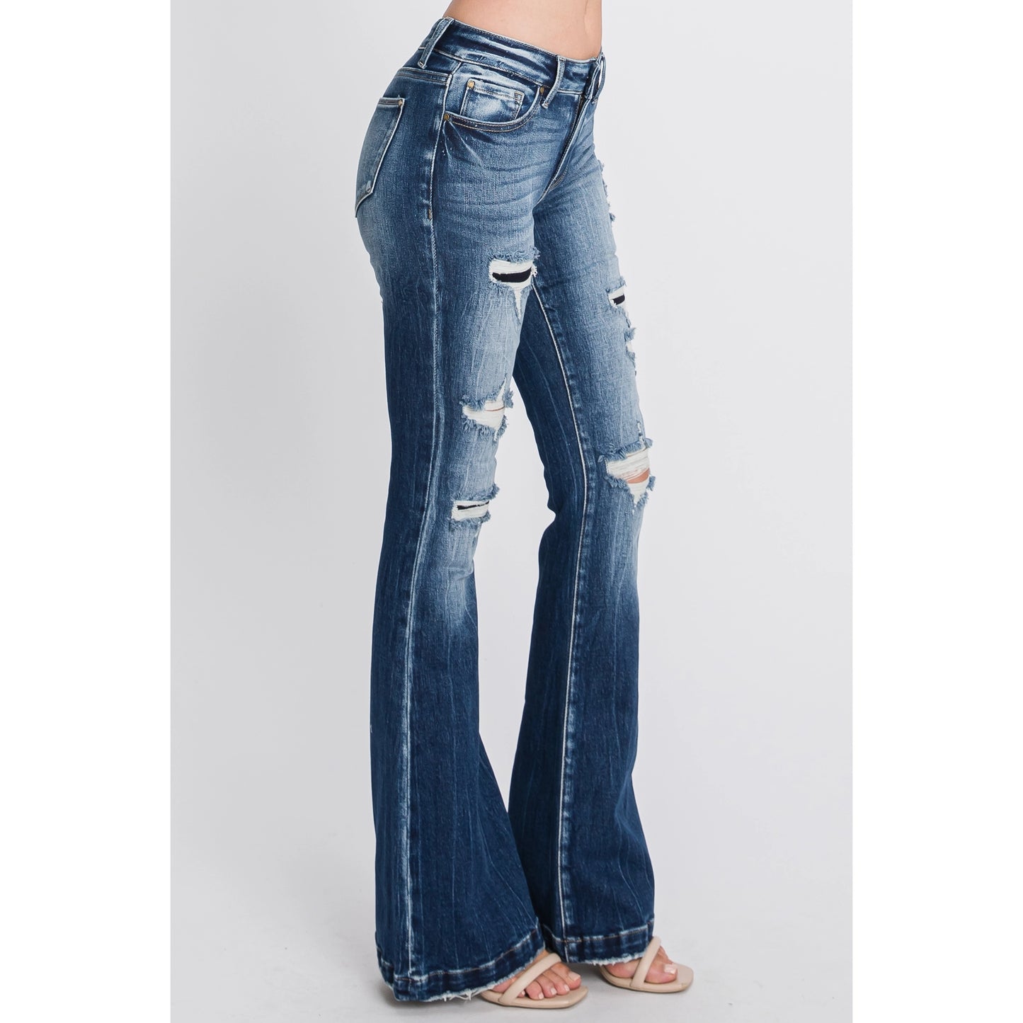 Gina Mid Rise Distressed Patch Flare Jean