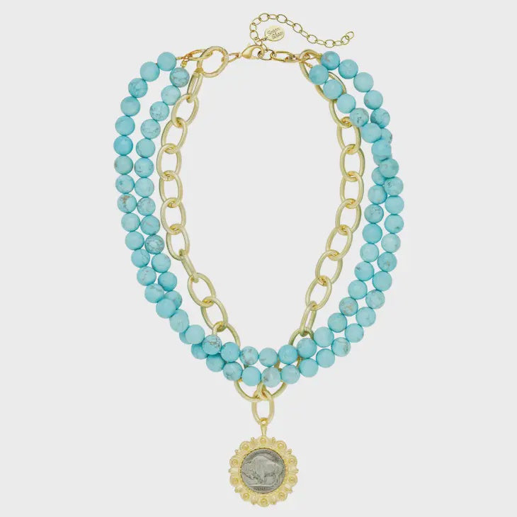 Gold & Buffalo Nickel on 3 Row Matte Turquoise Necklace