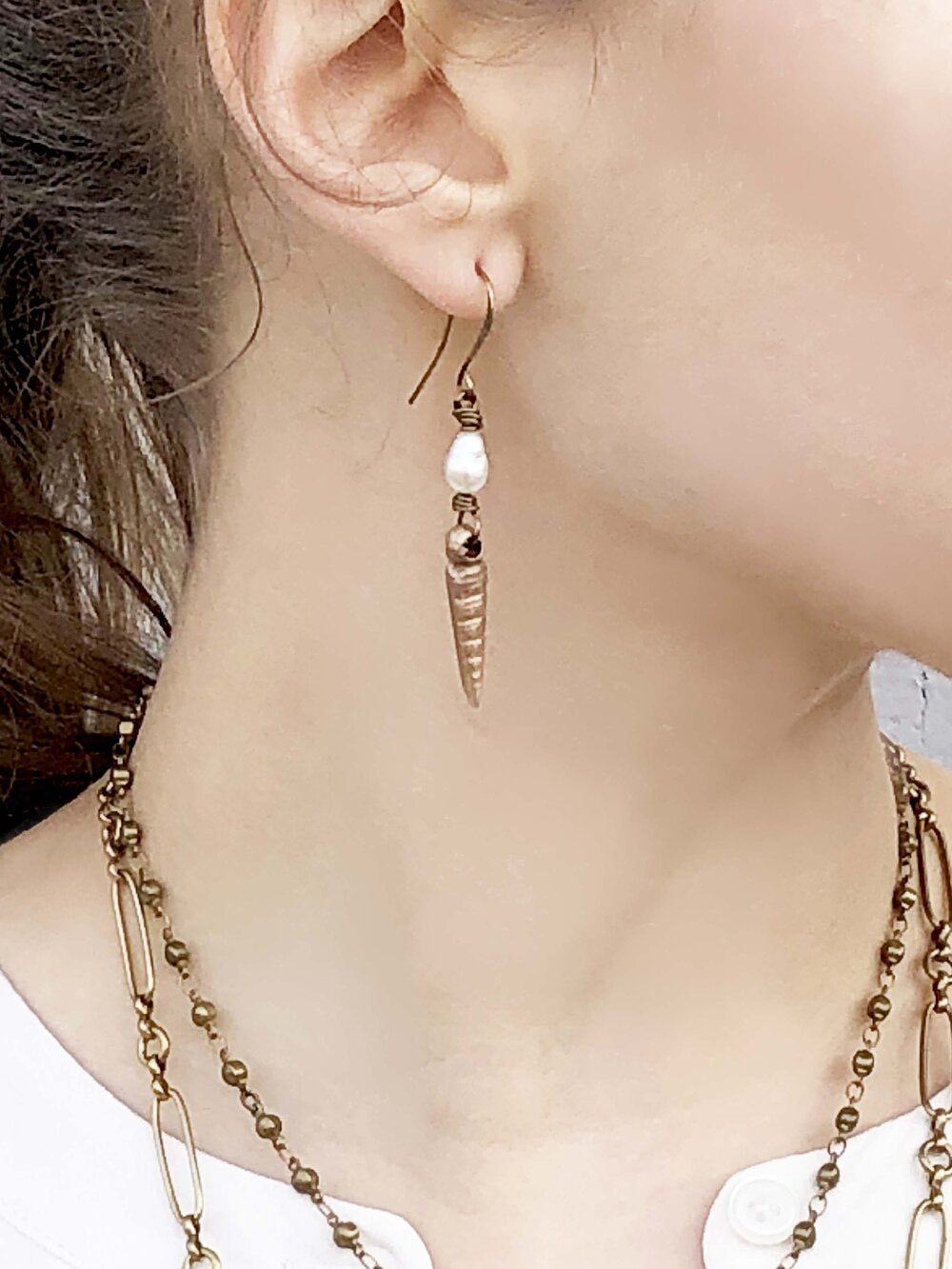 Amphitrite Pearl & Bronze Conical Shell Earrings
