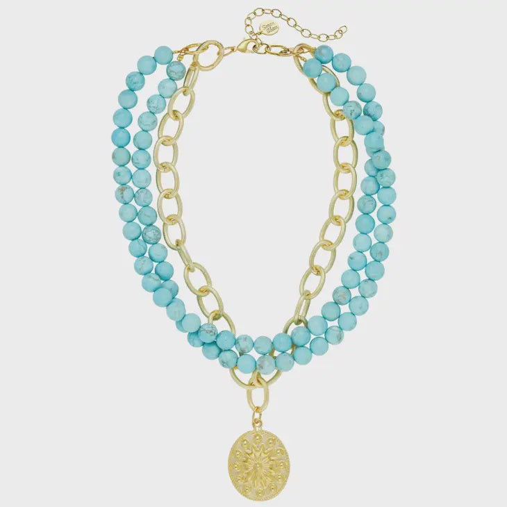Gold Rope Oval Concho + 3 row Matte Turquoise Necklace